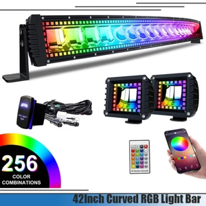 RGB Curved LED Light Bar 42" 240W+ 2PCS 4" RGB LED Pods w/Strobe Flashing - Picture 1 of 8
