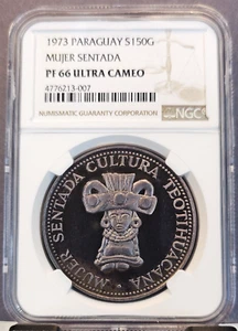 1973 PARAGUAY SILVER 150 GUARANIES MUJER SENTADA NGC PF 66 ULTRA CAMEO RARE - Picture 1 of 4