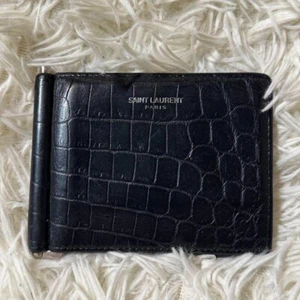 Saint Laurent Money Clip Leather Wallet Card Case Holder Croc Embossed Black - Picture 1 of 10