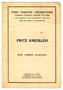 Fritz Kreisler autorgraphed Park Theatre Youngstown, January 12, 1922 - Picture 1 of 2