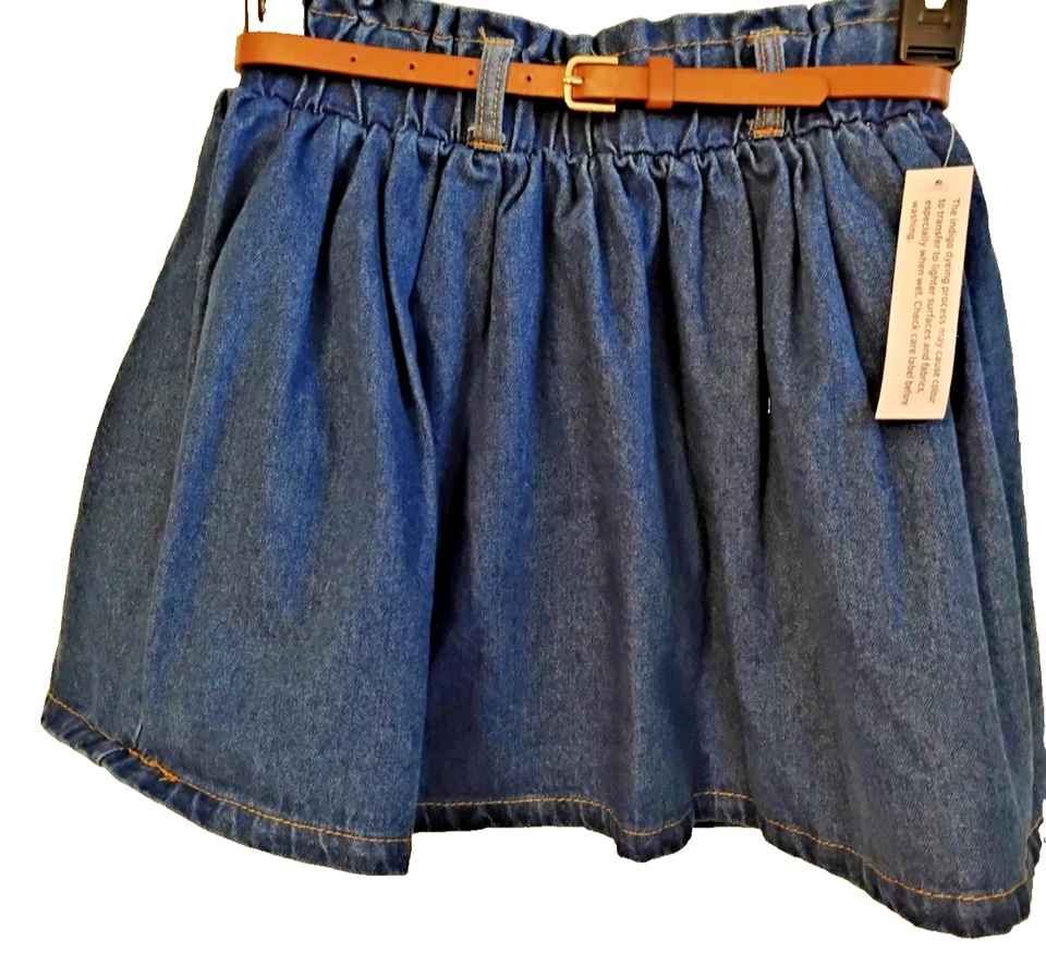NWT Cute Girls Size 7-8 Basic Pleated Blue Denim Skirt & Belt Elastic Waist - Image 1 of 4