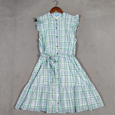 Draper James RSVP рубашка платье женщин L синий зеленый клетку ярусный оборки без рукавов - Изображение 1 из 4