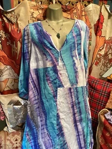 BEAUTIFUL EAST NEW TIE DYE BLUE LINEN DRESS KAFTAN LOOK, SIZE 10, SPLIT TO SIDE. - Picture 1 of 7