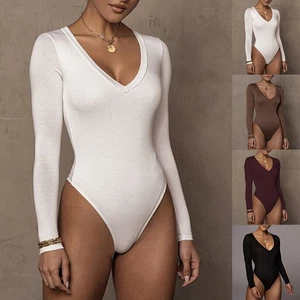 Spring Solid Spandex Women Casual Long Sleeve Basic V-Neck - Picture 1 of 15