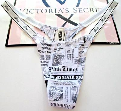 VICTORIA'S SECRET PINK Cotton High Leg Micro Thong Panty VS Newspaper S M L XL - Image 1 of 4