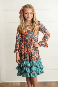 Girls Rust & Dark Teal Floral Long Sleeve Dress 3/4 Ruffle Hem Soft Stretch Fall - Picture 1 of 11