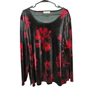 Whimsigoth Black Red Floral Velvet Sparkle Long Sleeve Top Women's Plus Size - Picture 1 of 3