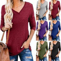 Womens Casual Long Sleeve Tops T-shirts Pullover Solid V-neck Blouses Plus Size