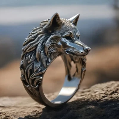 Anillo Cabeza de Lobo Banda Perro Animal Fuerza Naturaleza Joyería Plateado Foto 1 de 4