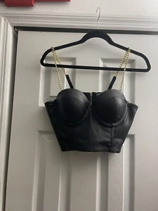 Baby Phat black crop corset with gold chain straps and gold zipper in the back. - Picture 1 of 5