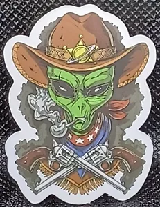 Adesivo decalcomania cowboy alieno UFO UAP. Circa 1,75" x 1,5" - Foto 1 di 6