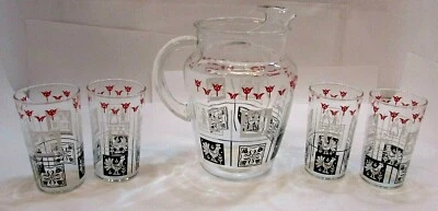 Jarra de colección Hazel Atlas Gallo Tulipán Rojo Negro Blanco Labio de hielo y 4 vasos Foto 1 de 4