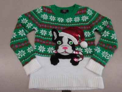 Its Our Time, Suéter Feo de Navidad, Juvenil Pequeño, Perro Papá Noel con Sombrero de Lentejuelas Rojo Foto 1 de 4