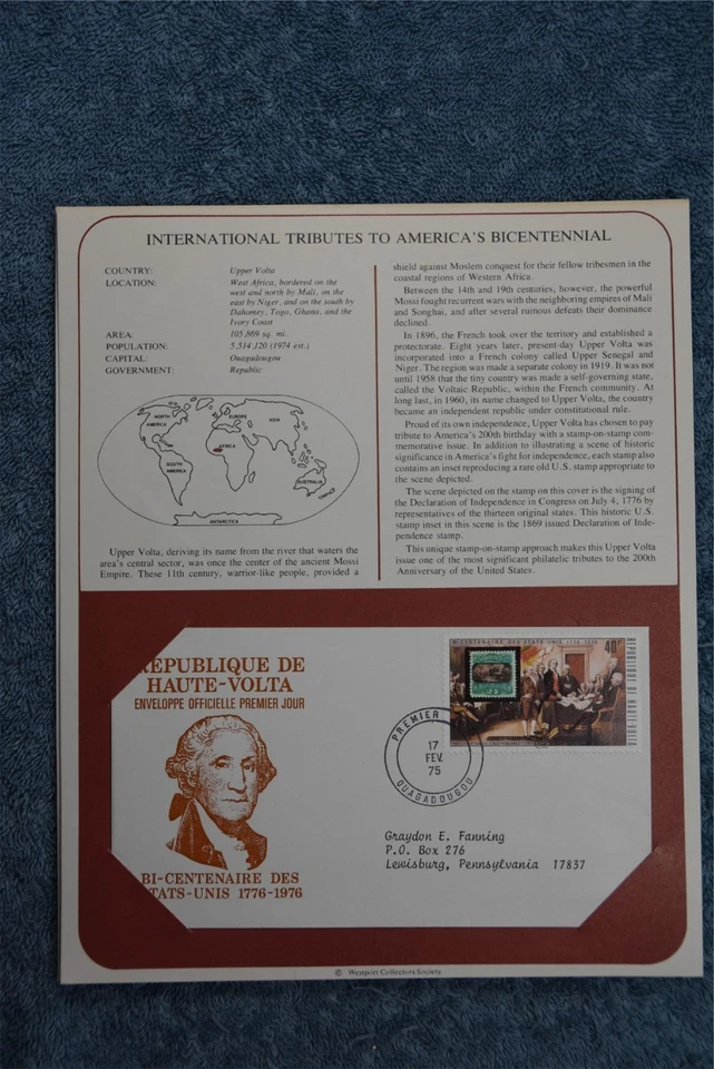 1975 Tributes to America's Bicentennial Souvenir Card - Upper Volta - Image 1 of 1