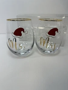 NIB Celebrations by Mikasa Set Of 2 Stemless Wine Glasses Mr. & Mrs. Santa Hat - Picture 1 of 3