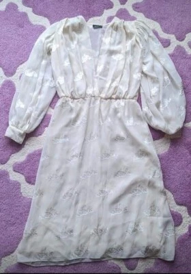 Vestido Vintage Anos 70 Anos 80 Cachet Creme Cetim Floral Manga Balão Tamanho Grande - Imagem 1 de 4