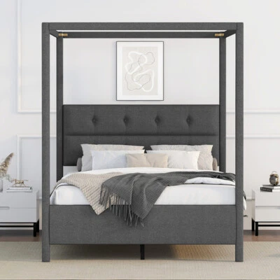 Canopy Platform Bed Frames with Headboard Full/Queen Size Upholstered Beds Gray - Image 1 of 4