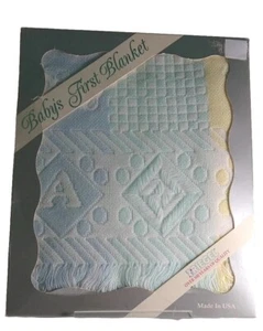 Babys First Blanket Pastels 37”x 43” Fringe Acrylic Jacquard Weave HTF Vtg USA - Picture 1 of 17