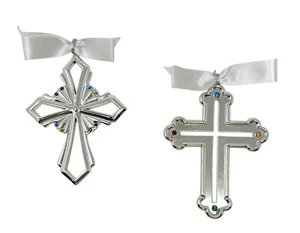 Juego de 2 adornos de cruz de plata con piedras preciosas multicolores y cinta blanca - vintage - Imagen 1 de 5