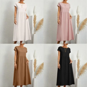 Vestido Midi Damas Verano Informal Lino Midi Vestido Para mujeres Vestido Liso Plisado - Imagen 1 de 26