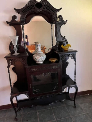  Antiguo gabinete de curiosidades de exhibición victoriano inglés de ébano Etagere  Foto 1 de 4