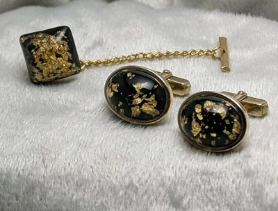 Gemelos ANSON y pasador de corbata a juego de calidad vintage acrílico escamas tono dorado Foto 1 de 4