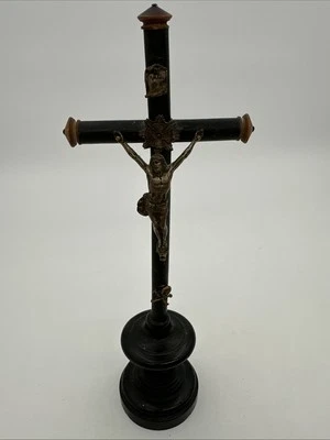 "Antiguo crucifijo de altar alemán madera/metal 11,5"" cruz de pie cráneo sagrado corazón" Foto 1 de 4