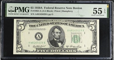 $5 Federal Reserve Note Boston 1962-A  PMG Graded 55 EPQ Serial #  A48165029A - Image 1 of 2