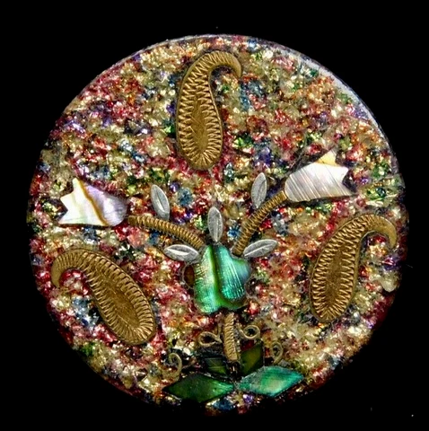 Antique Vtg BUTTON Inlaid Horn ~ Brass Paisleys Glitter & Pearl Shell NICE #J3 Cover