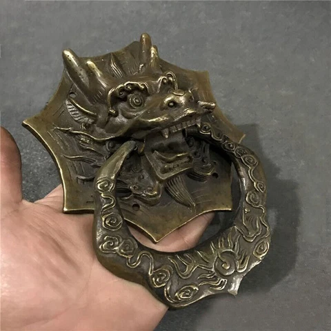 6" Antique style Folk Home Copper Fu Foo Dog Lion Lions Head Door Knocker Statue Cover