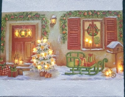 Weihnachtshaus Bild auf Keilrahmen-Serviettentechnik, beleuchtet mit 20 er LED - Bild 1 von 4