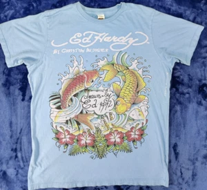 Ed Hardy VINTAGE Christian Audigier T-Shirt KOI FISH USA Hollywood Medium Blue - Picture 1 of 13