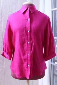 Blusa de lino Lauren Ralph Lauren fucsia con cuello abotonado manga 3/4 ~Mujer M~ - Imagen 1 de 7