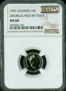 1991 CANADA 10 CENTS NGC MAC MS68 PQ 2ND FINEST GRADE SPOTLESS . - Picture 1 of 2