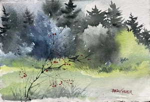 6X9 Original Pamela Wilhelm loose Watercolor black crow red berries tree - Picture 1 of 4