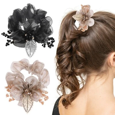 2 Pack Flower Hair Scrunchies Leaf Elastic Hair Ties Ponytail Holders Hair Band - Image 1 of 4