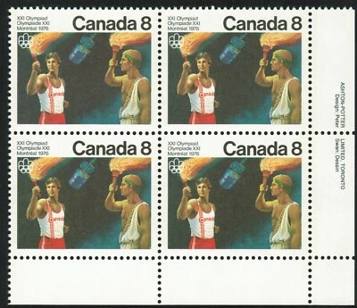 Canada sc#681 Olympic Ceremonies: Olympic Torch, LR Imprint Block, Mint-NH - Image 1 of 2