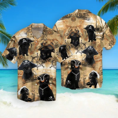 Camisa hawaiana mapa vintage pirata gato negro Foto 1 de 4