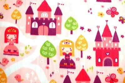 REMNANT*PRINCESSES & LARGE PINK & PURPLE CASTLES ON PINK FLEECE FABRIC 60X20" - Image 1 of 4