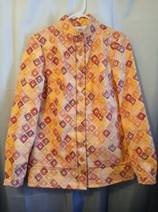Nwt Mock neck Button up Dress Shirt womens M Mustard Peach Magenta geometric LS - Picture 1 of 7