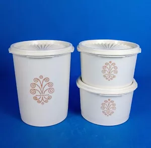 3 Vtg TUPPERWARE Ivory Cream SERVALIER Canisters w/ Sunburst Lids 811-14 1297-10 - Picture 1 of 24