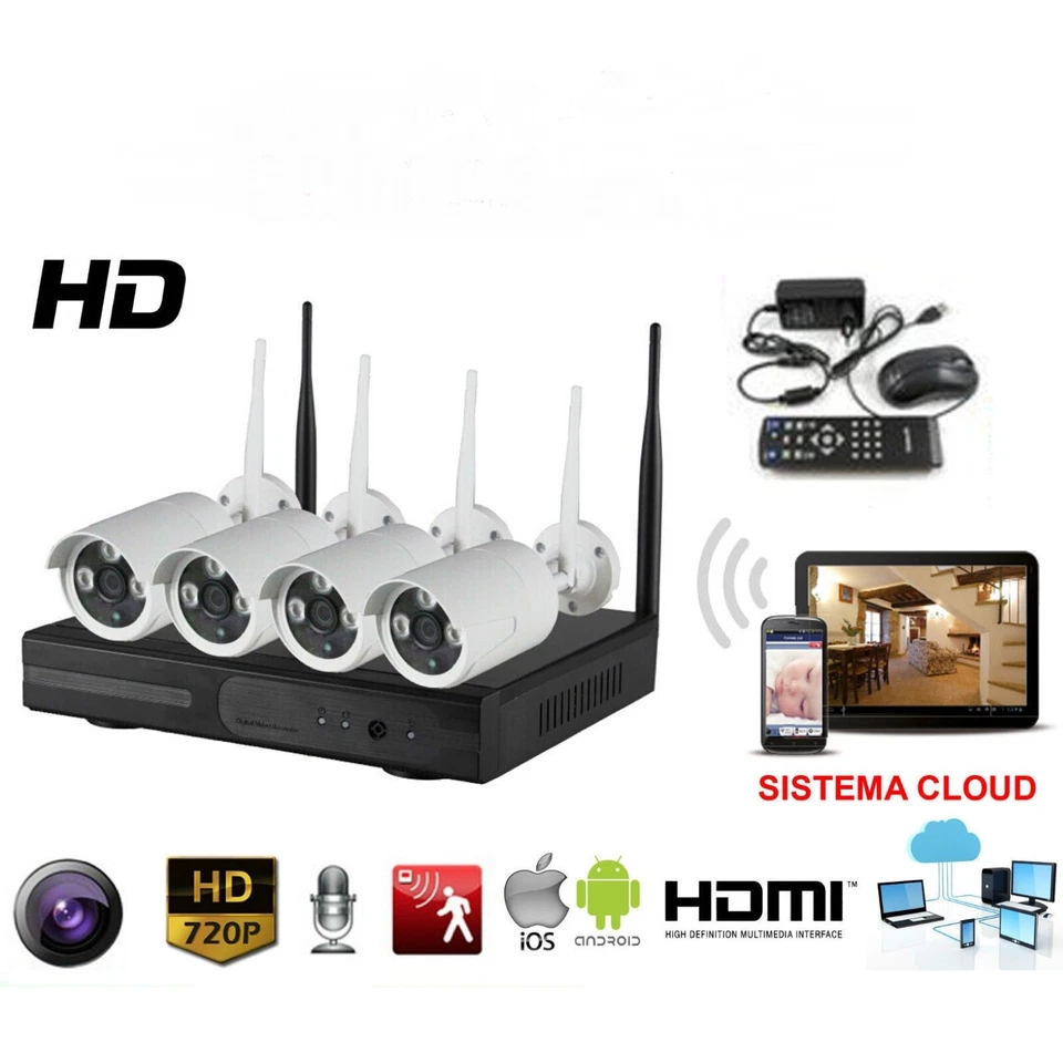 KIT COMPLETO PER VIDEOSORVEGLIANZA CON 4 TELECAMERE NVR LAN FULL HD WIFI - Immagine 1 di 1