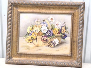 Vintage Original Still Life Oil/board 11x14 Painting PANSIES Framed Signed - Picture 1 of 18