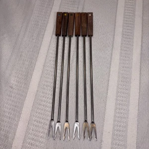 Vintage Fondue Forks Japan Stainless Steel Teak Wood Handles Set of 6 Color Tips - Picture 1 of 12