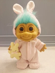 Vintage Russ Easter Bunny Troll Doll Pink Pajamas Blue Hair 9” - Picture 1 of 11
