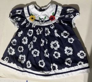 Vtg Baby Girl Flower Floral Dress Cradle Togs Navy Collar Dress 18 Months - Picture 1 of 8