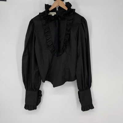 Victorian Choice Black Ruffle Neck Button Front Long Sleeve Blouse Top Women L - Image 1 of 4