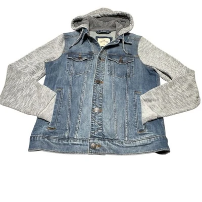 Jaqueta jeans Hollister Y2K manga de malha com capuz azul médio cinza stretch retrô - Imagem 1 de 4