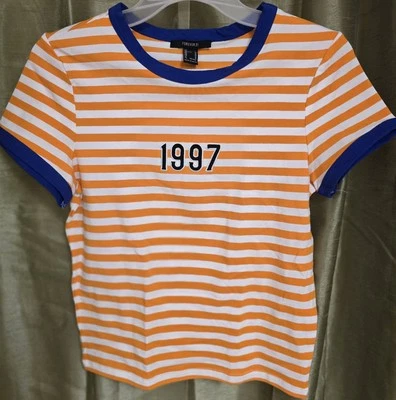 BNWT Forever 21 Orange Stripe Crop Shirt Women's Petite M - Image 1 of 3