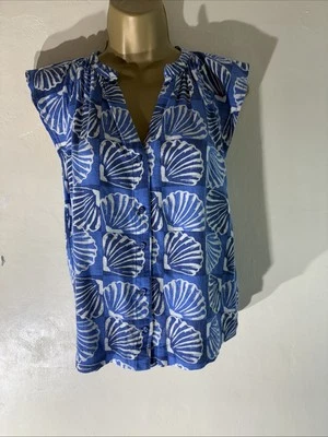 Womens Next Petite Uk 4 Blue Mix Shell Pattern Linen Blend Cap Sleeve Blouse - Image 1 of 4